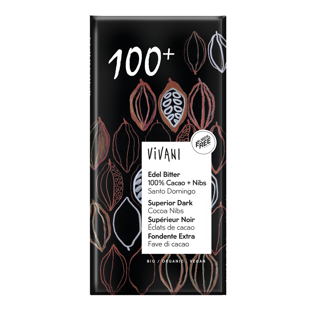 Dark 100+ Chocolate with Cocoa Nibs Vegan Organic 80g